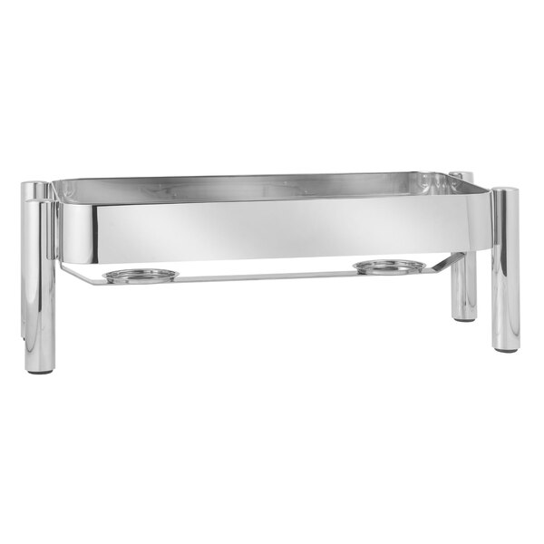 A silver rectangular Eastern Tabletop Jazz Rock chafer stand with two fuel holders.