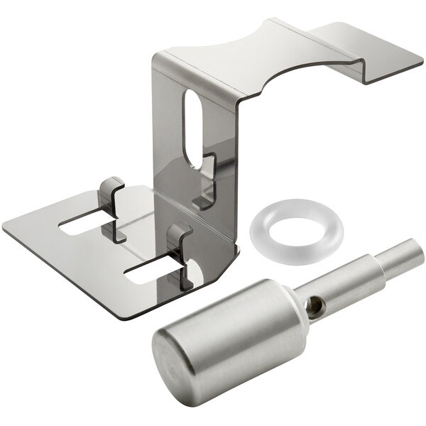 A metal bracket and lever assembly with a hole in it.