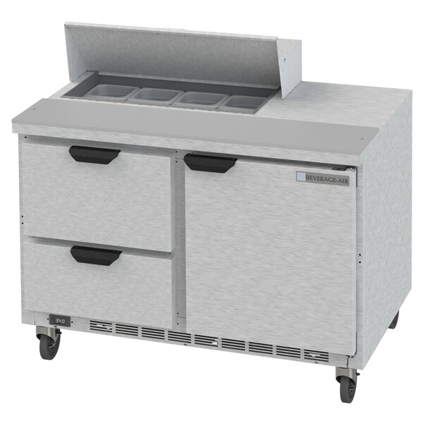 A stainless steel Beverage-Air sandwich prep table with 2 drawers and 1 door.