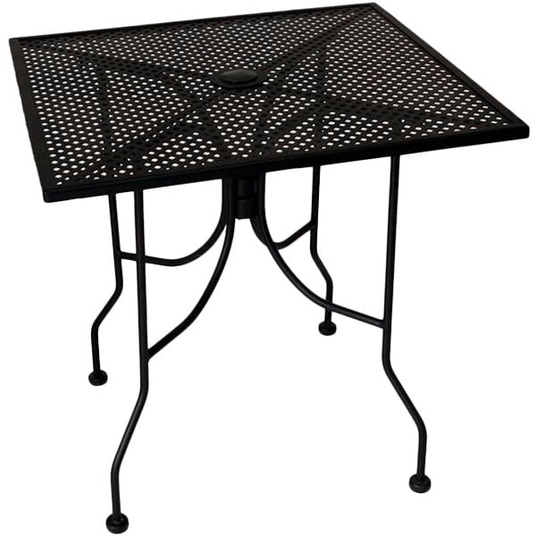 An American Tables & Seating black metal rectangular outdoor table with a lattice top.