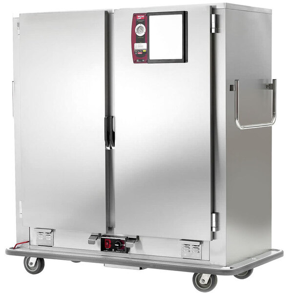 A stainless steel Metro heated banquet cabinet on wheels.