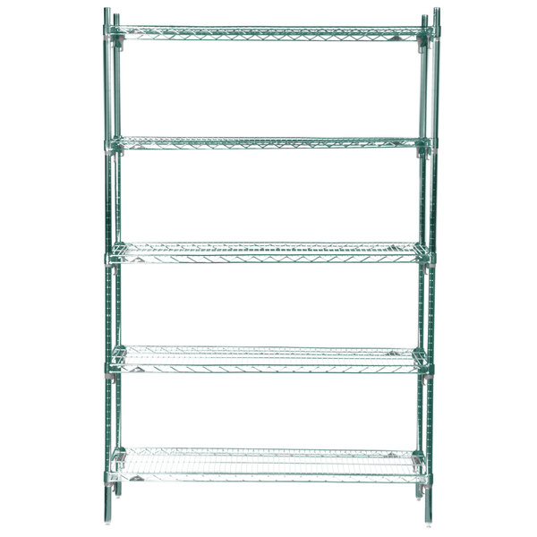 A green Metro wire shelving unit with four shelves.