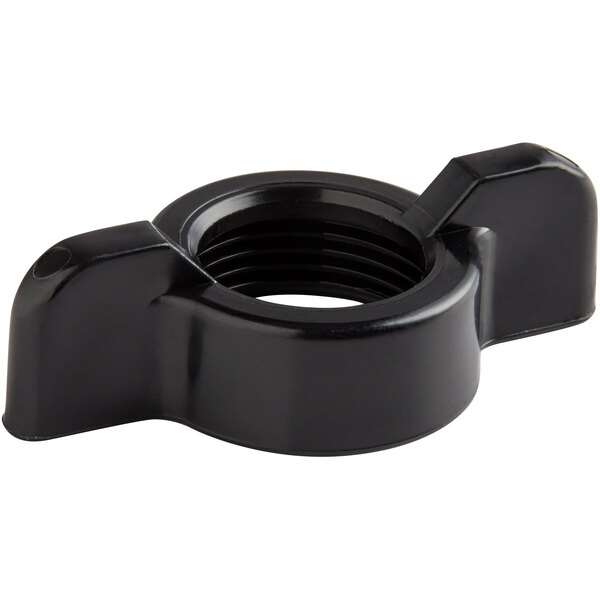 A black plastic wing nut with a hole in it.