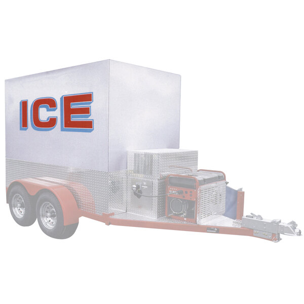 A white trailer with red and blue text that reads "Polar Temp Auto Defrost Refrigerated Ice Transport" with a large ice box on it.