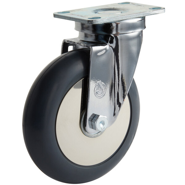 A black and silver swivel plate caster with a white wheel.