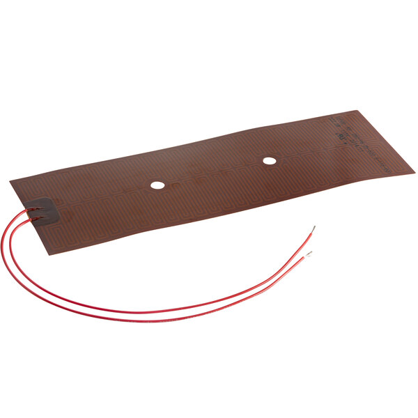 A brown rectangular heater pad with red wires.