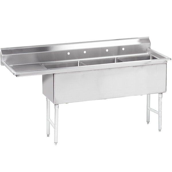 A stainless steel Advance Tabco commercial sink with three compartments and a left drainboard.