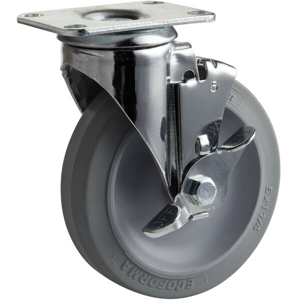 A grey Cambro swivel plate caster with a metal plate on top.