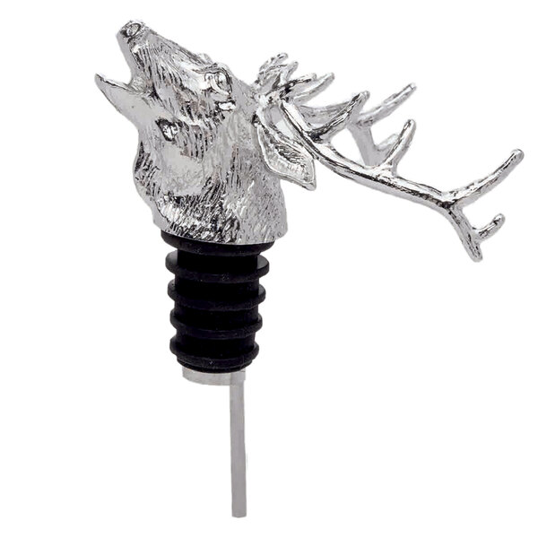 A silver wine pourer with a stag head on it.
