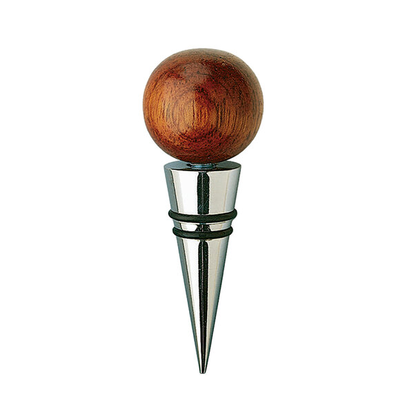 A Franmara wine stopper with a wooden cone and stainless steel ball.