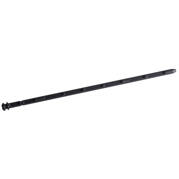 A black rectangular nylon hinge pin with holes on a long black stick.