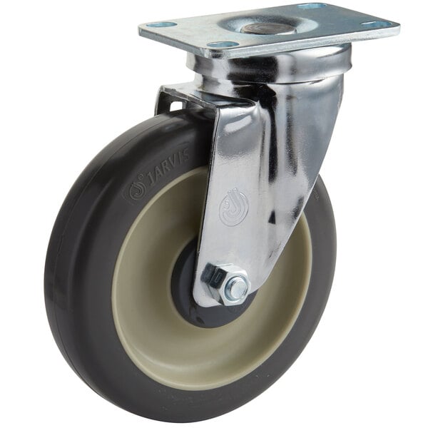 A black and white swivel plate caster with a metal bracket and a plastic wheel.