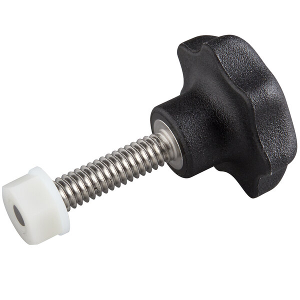A black screw with a silver thumbscrew and locknut.