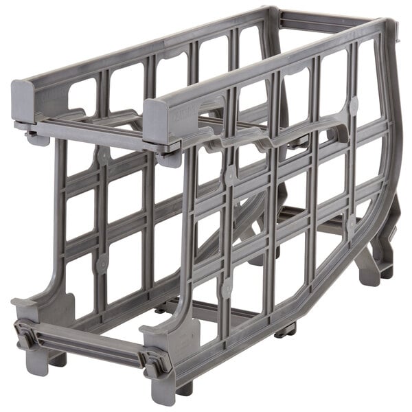 A grey plastic Cambro can rack with holes.