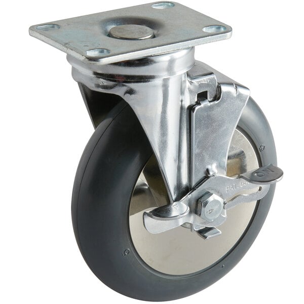 A Cambro swivel plate caster with a metal and black wheel.