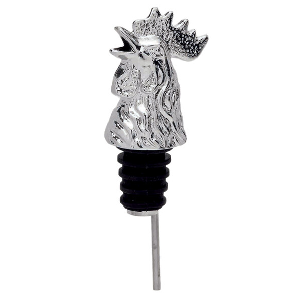 A metal rooster wine pourer with a silver crown on its head.