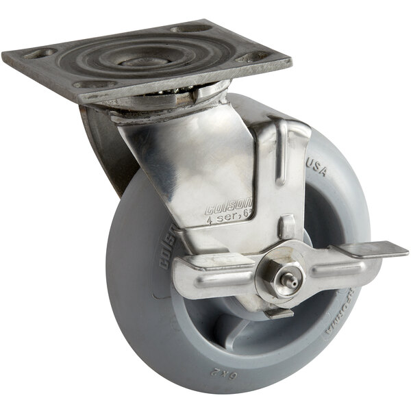 A Cambro swivel plate caster with a metal wheel and plate.