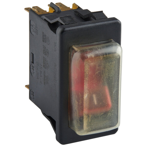 A black rectangular Cambro On/Off switch with a clear cover and red switch.