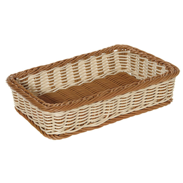 A close-up of a white and brown rectangular plastic basket.