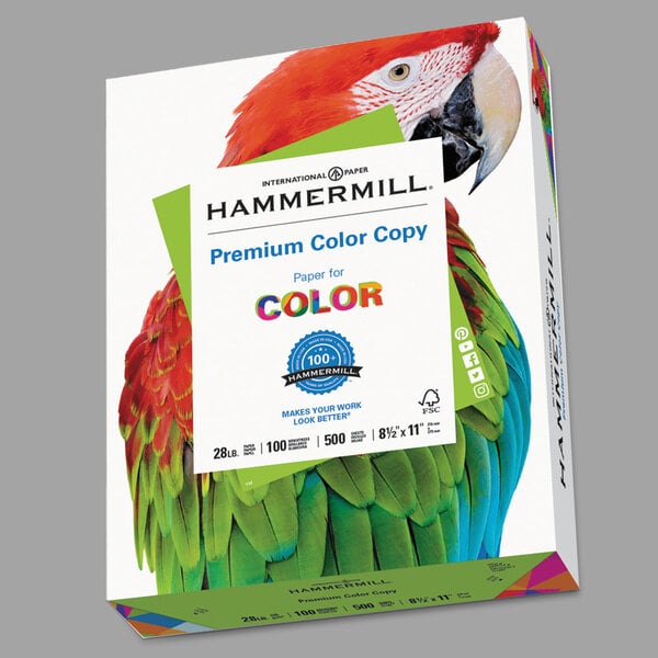 A box of Hammermill Premium Photo White Color Copy Paper with a ream of paper inside.