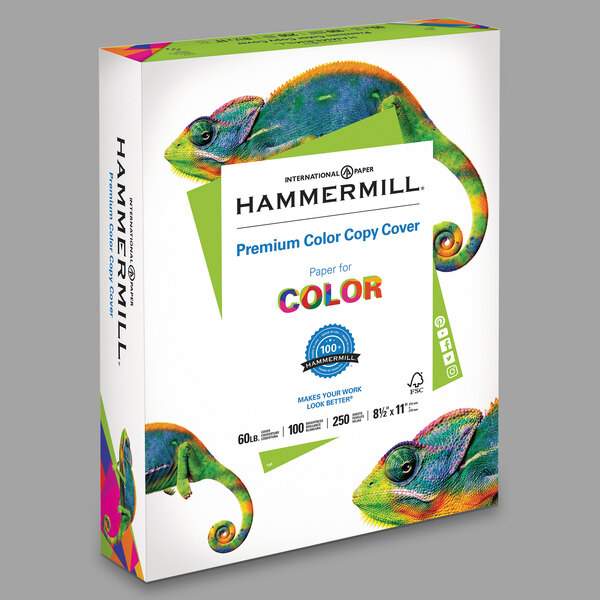 A white box of Hammermill Premium Photo White Color Copy Cover Paper with colorful chameleon on the front.