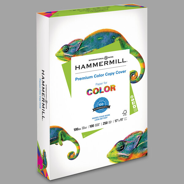 A white Hammermill box with colorful designs on it.