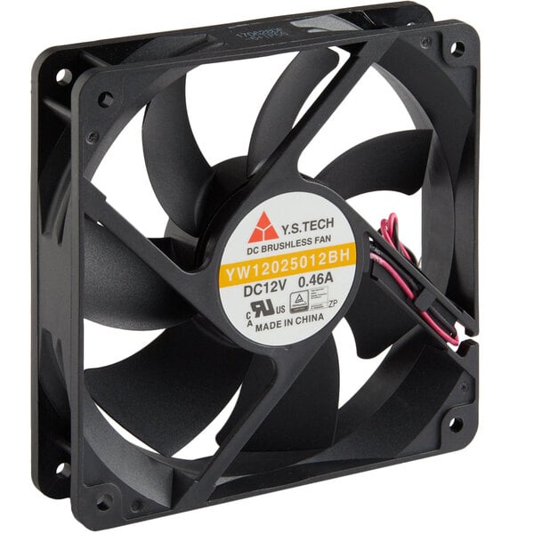 A black fan with red and white wires and a white label.
