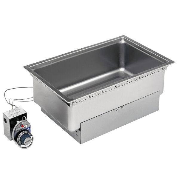 A Wells rectangular stainless steel drop-in hot food well with an infinite control box on top.