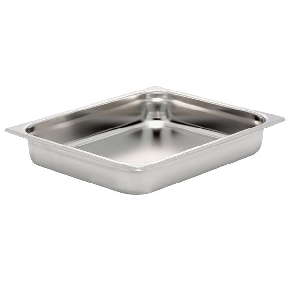 A silver rectangular Bon Chef stainless steel food pan with a square bottom.
