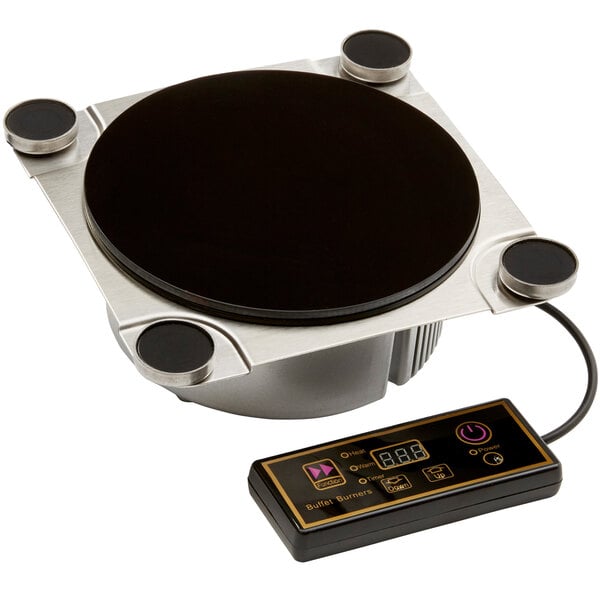 A silver rectangular induction warmer with black buttons and a cord.
