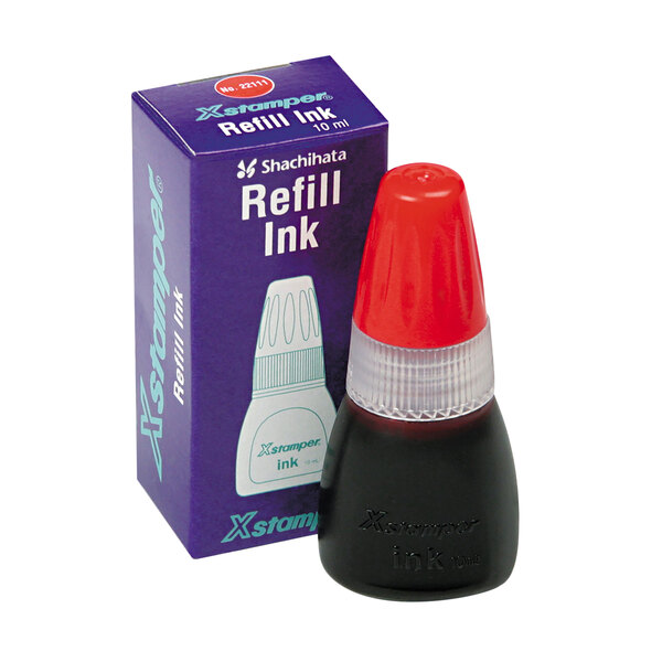 A Xstamper red ink refill bottle with a red cap.