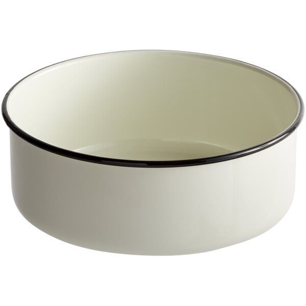A Tablecraft enamelware bowl with a black rim on a white background.