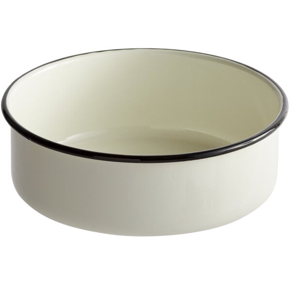 A Tablecraft enamelware bowl with cream white and black rolled rim.