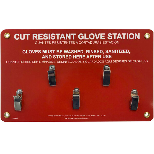A red Front Line cut-resistant glove station sign with metal clips.