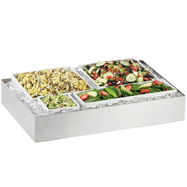 A Cal-Mil stainless steel tray with ice holding food.