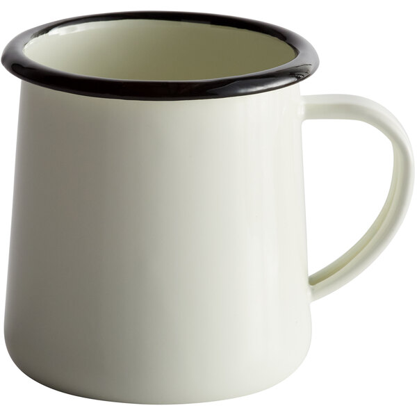 A Tablecraft cream white mug with black rim.