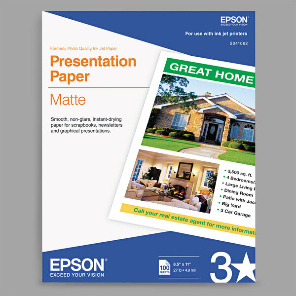 A white package of Epson Matte Presentation Paper with blue and black text.