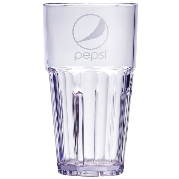 A clear blue plastic tumbler with the Pepsi logo on it.