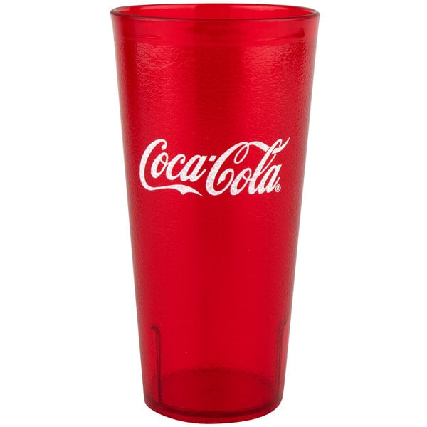 A red plastic tumbler with a white Coca-Cola logo.
