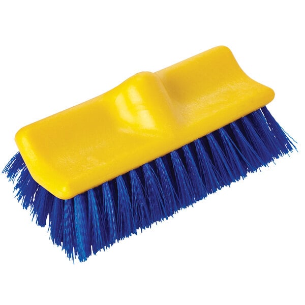 A yellow and blue Rubbermaid bi-level floor scrub brush.