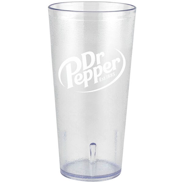 A clear plastic tumbler with the Dr. Pepper logo in white.