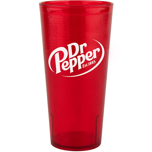 A red plastic tumbler with white Dr. Pepper text.