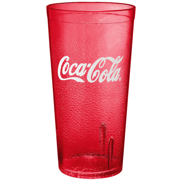 A red GET SAN plastic tumbler with a Coca-Cola logo.