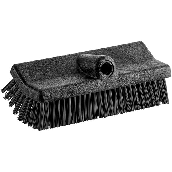 A Carlisle black plastic floor scrub brush with a black handle.
