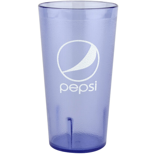 A blue plastic tumbler with a curved design and a Pepsi logo.