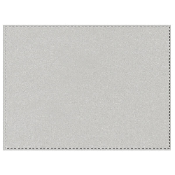 A white rectangle with silver stitched edges.