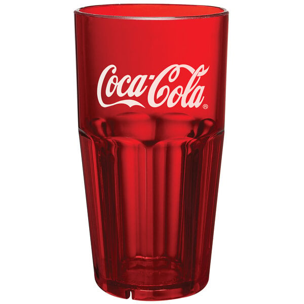 A red GET SAN plastic tumbler with white Coca-Cola logo.