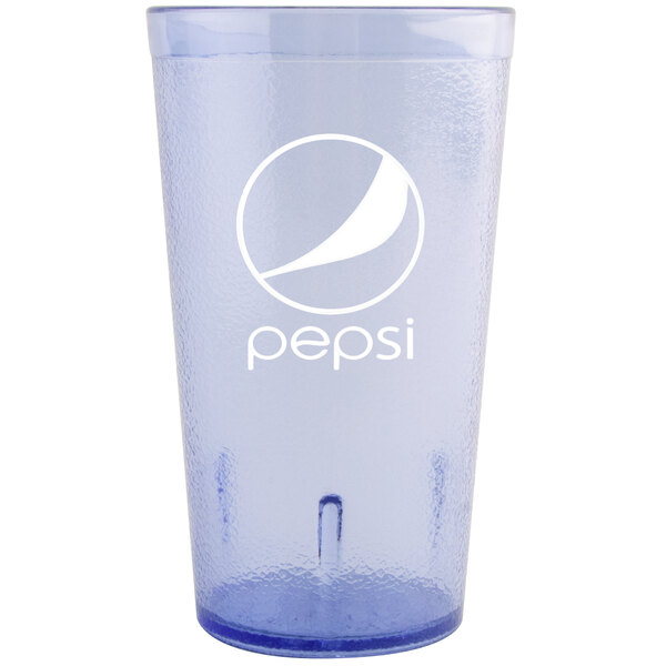 A close-up of a blue plastic tumbler with a pebbled design and a white Pepsi logo.