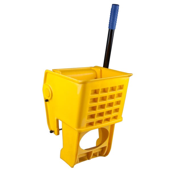 A yellow plastic Lavex Side Press wringer with a handle.
