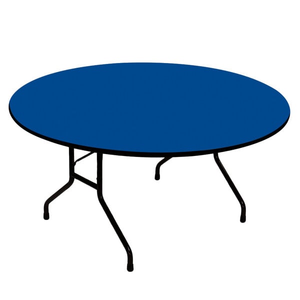 A blue Correll round folding table with black legs.